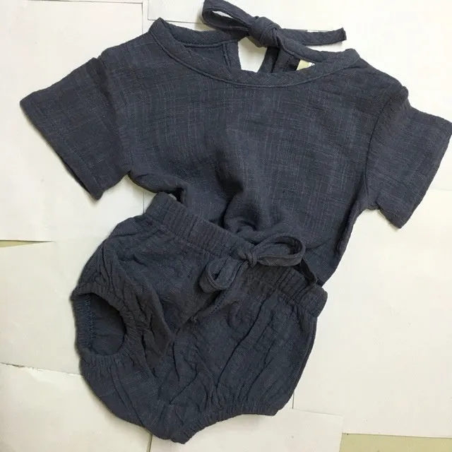 Baby boy summer outfit set with shirt and shorts in soft cloth fabric, multiple styles and sizes available