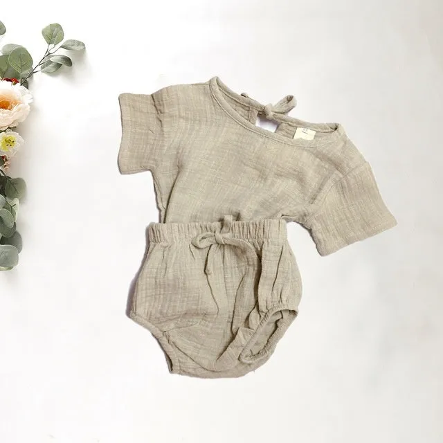 Baby boy summer outfit set with shirt and shorts in soft cloth fabric, multiple styles and sizes available