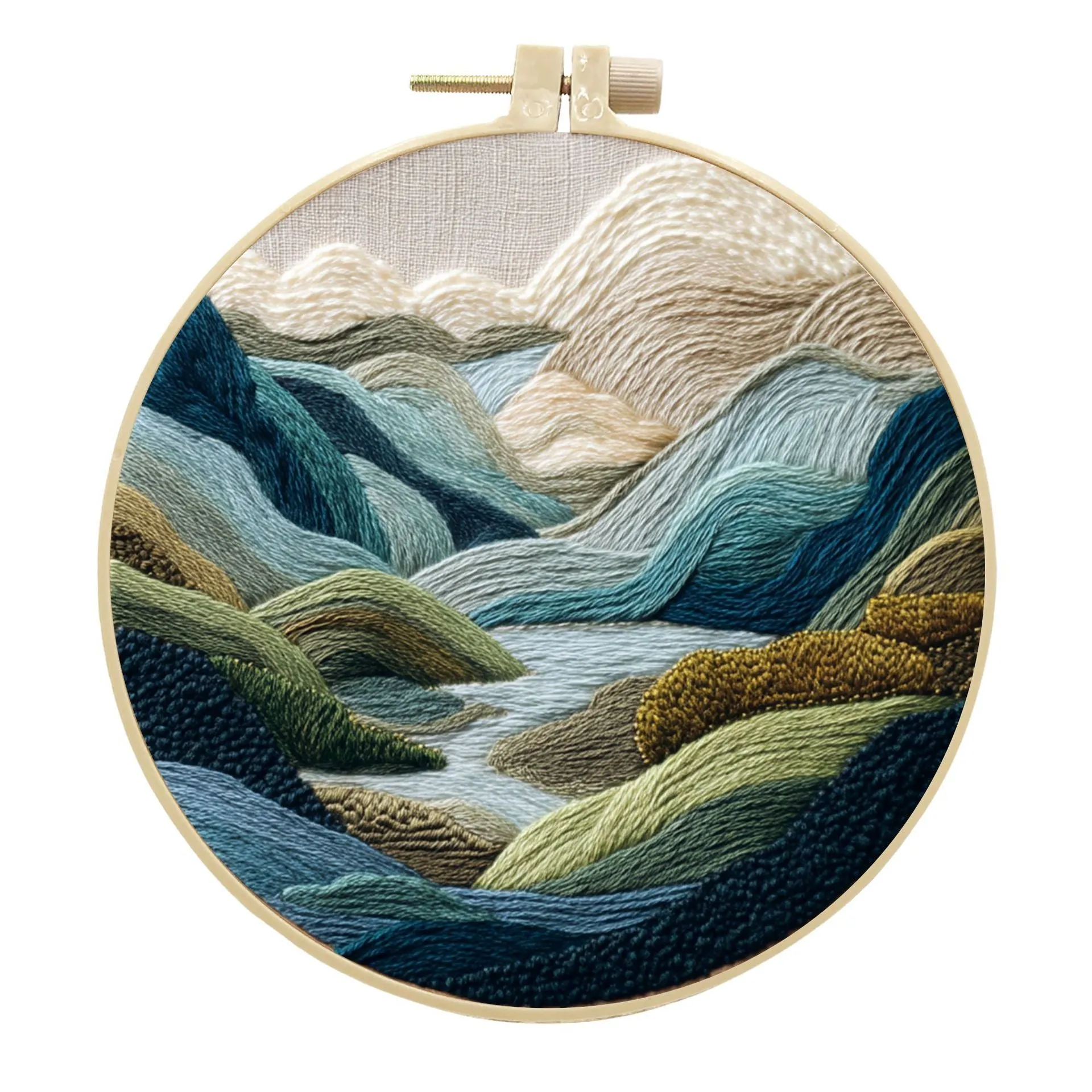 Embroidery DIY kit with bamboo frame, printed landscape fabric, embroidery thread and needles