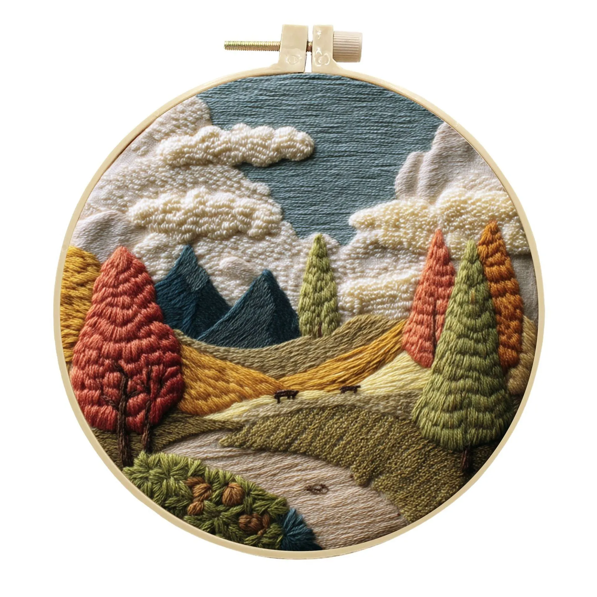 Embroidery DIY kit with bamboo frame, printed landscape fabric, embroidery thread and needles