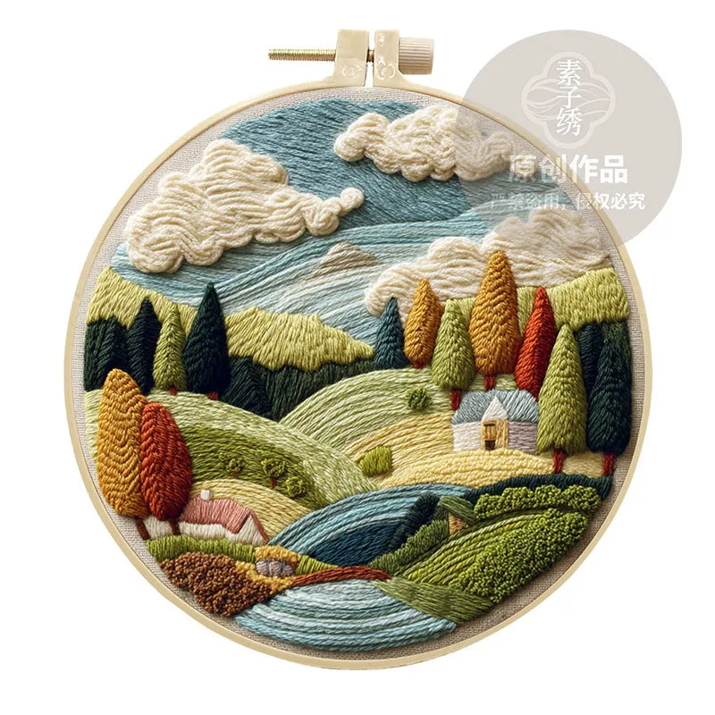 Embroidery DIY kit with bamboo frame, printed landscape fabric, embroidery thread and needles