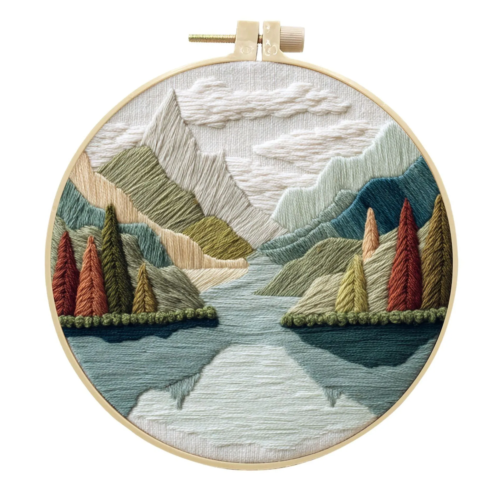 Embroidery DIY kit with bamboo frame, printed landscape fabric, embroidery thread and needles