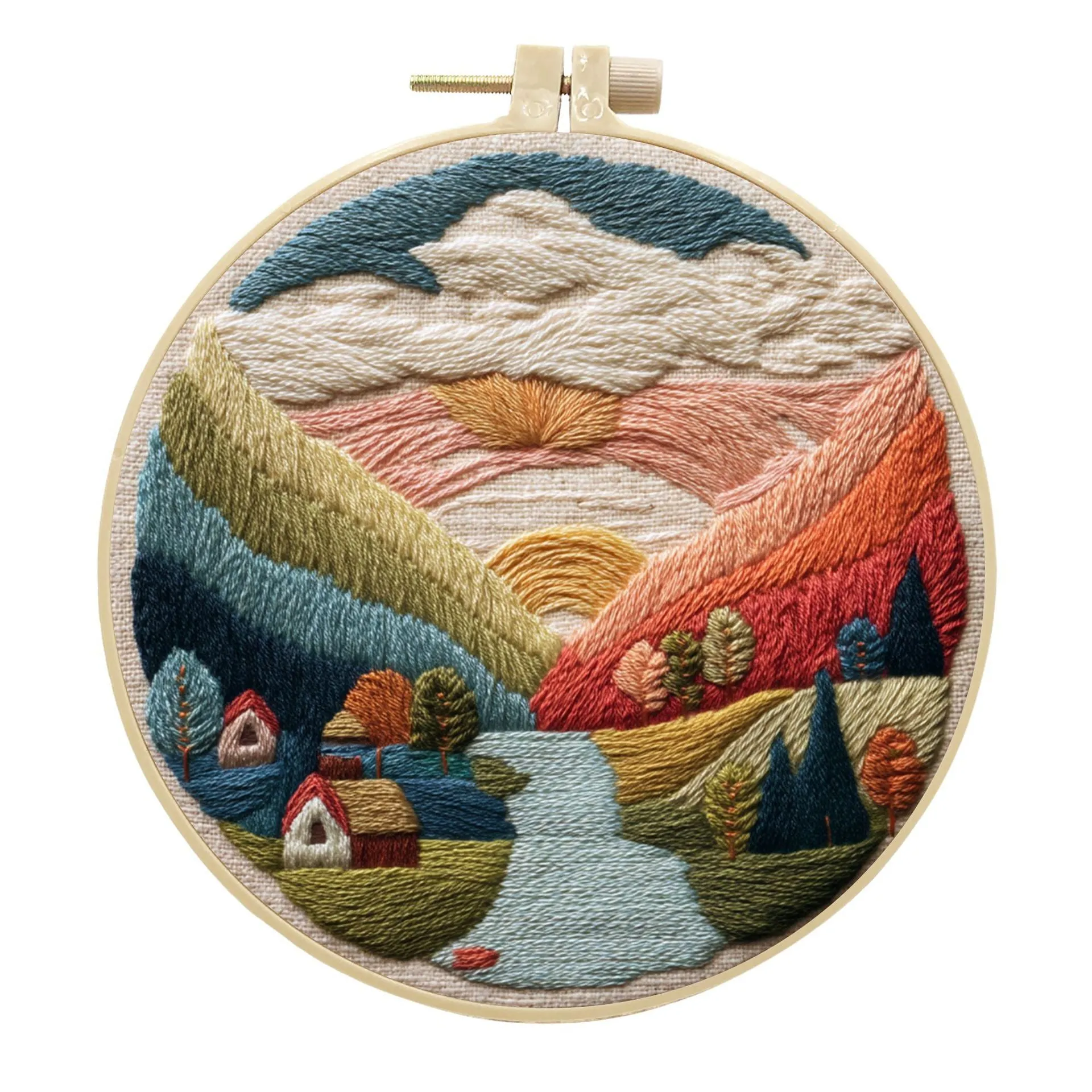 Embroidery DIY kit with bamboo frame, printed landscape fabric, embroidery thread and needles