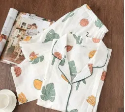 Cotton thin maternity pajama set with turn-down collar and bell sleeves in solid natural colour