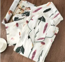 Cotton thin maternity pajama set with turn-down collar and bell sleeves in solid natural colour