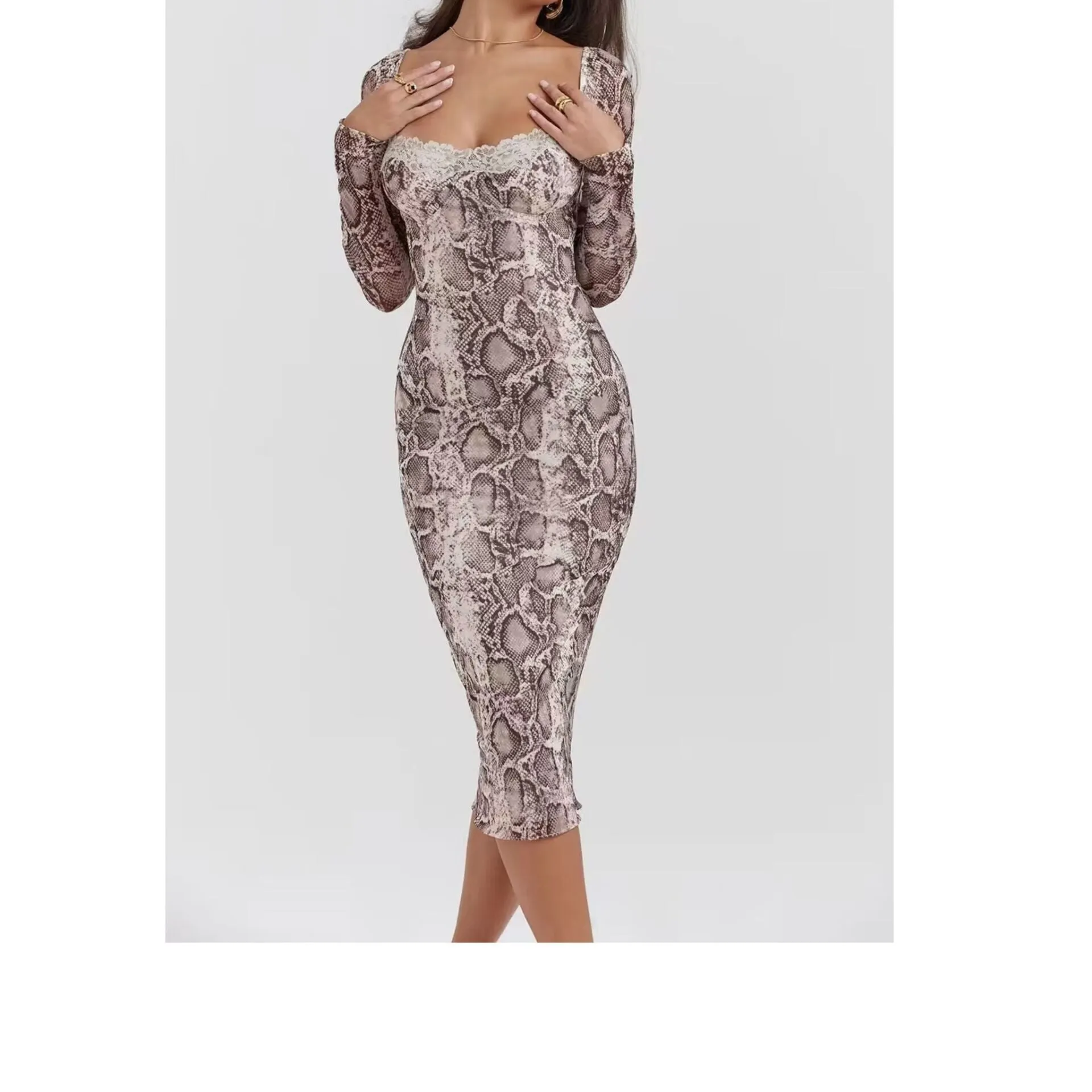 Grey slim fit women's lace dress with long sleeves, A-line skirt, and a digital 3D printed pattern.