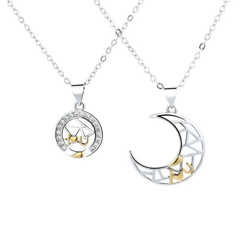 Copper sun moon couple necklace with electroplated finish and cross chain design