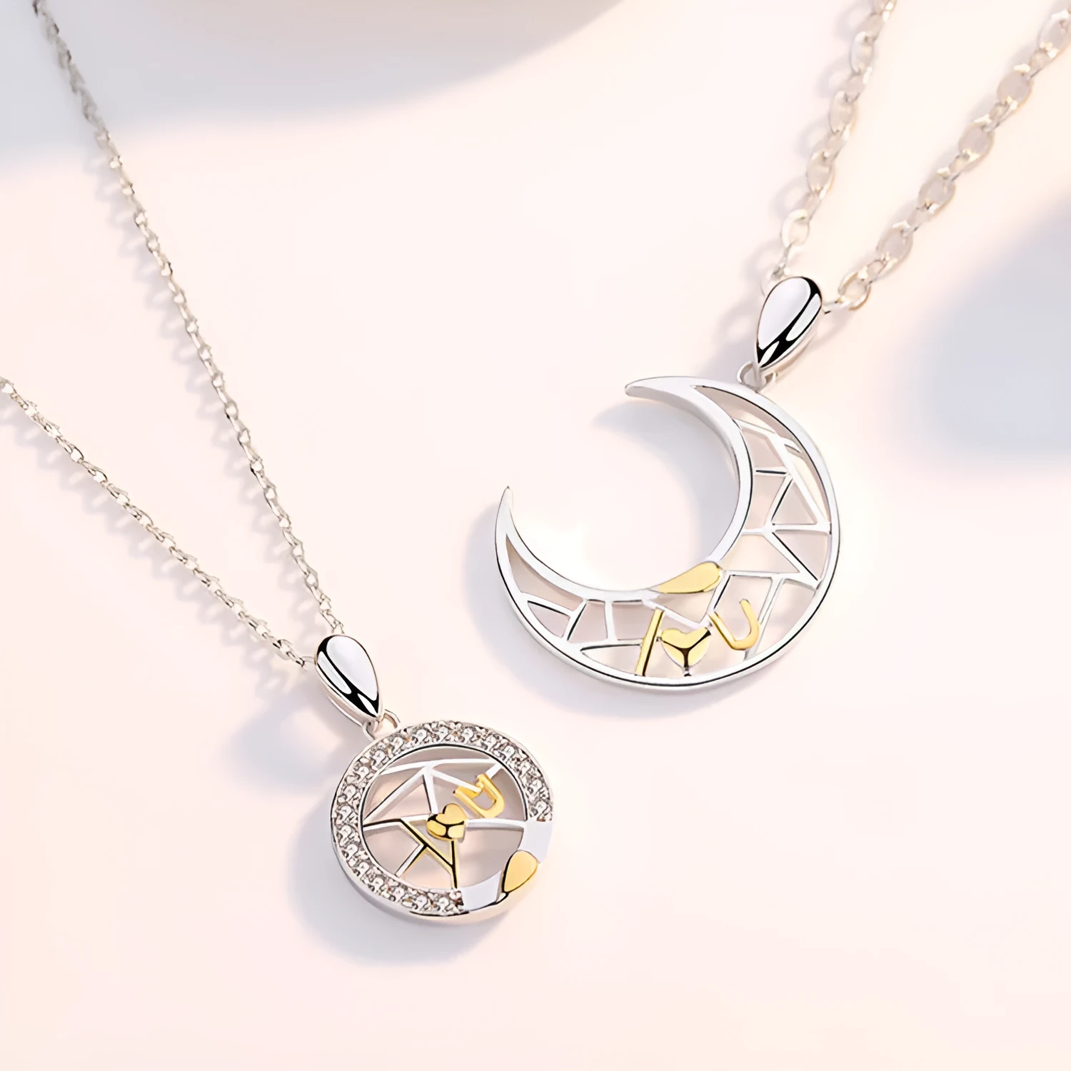 Copper sun moon couple necklace with electroplated finish and cross chain design