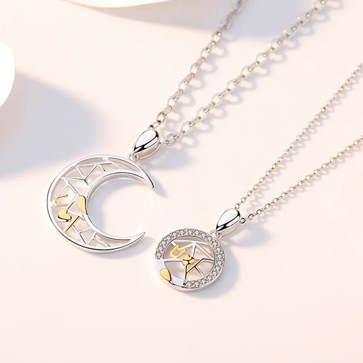Copper sun moon couple necklace with electroplated finish and cross chain design