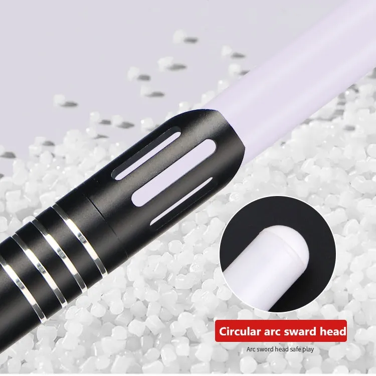 Two 2-in-1 RGB metal lightsabers connected with adapter showing ten-colour glow and metal hilt on blue background