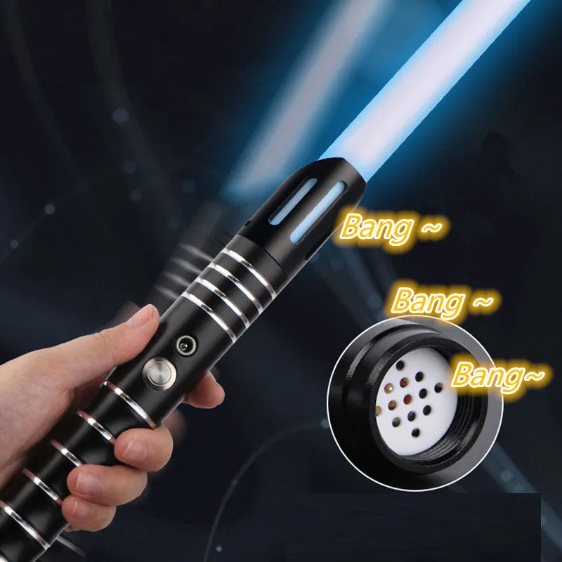 Two 2-in-1 RGB metal lightsabers connected with adapter showing ten-colour glow and metal hilt on blue background