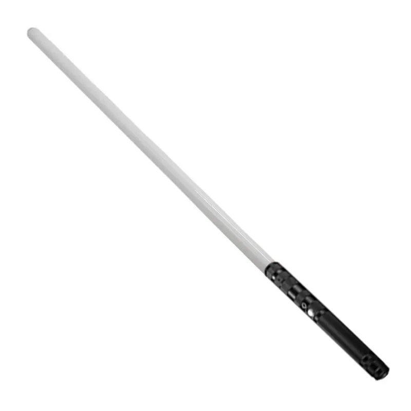 Two 2-in-1 RGB metal lightsabers connected with adapter showing ten-colour glow and metal hilt on blue background
