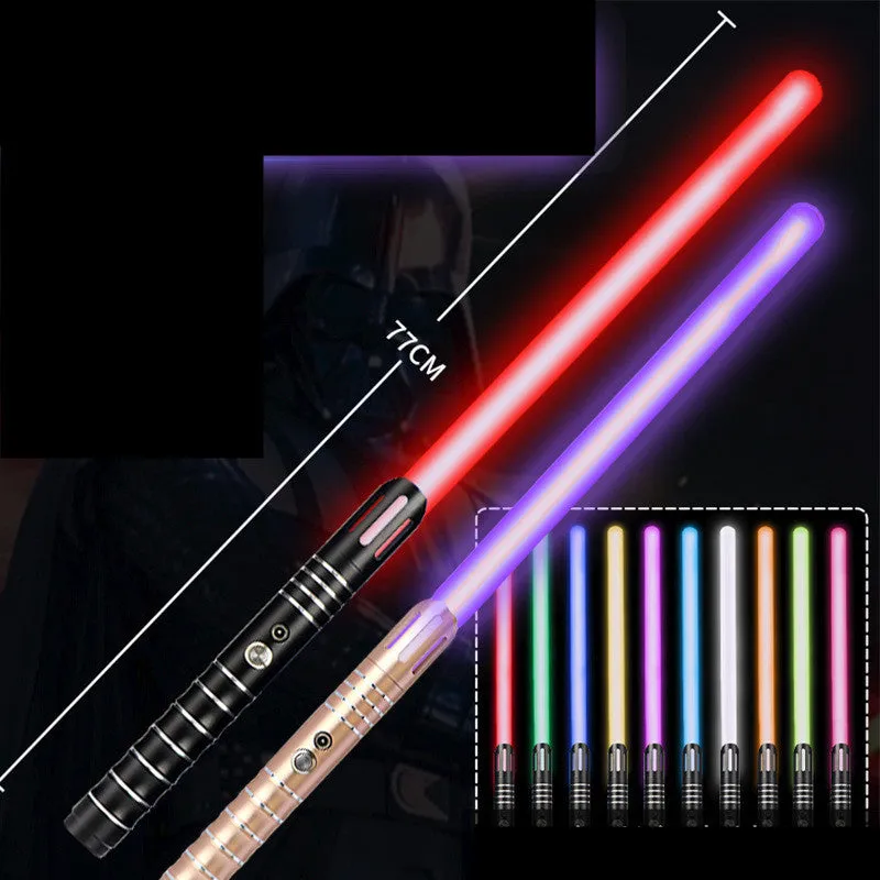 Two 2-in-1 RGB metal lightsabers connected with adapter showing ten-colour glow and metal hilt on blue background