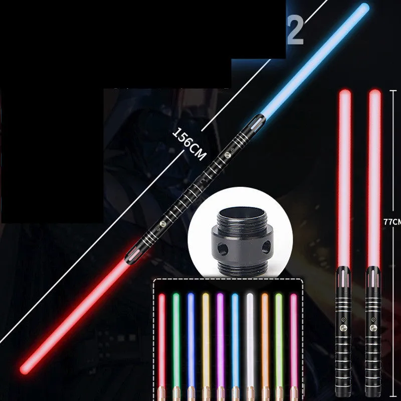 Two 2-in-1 RGB metal lightsabers connected with adapter showing ten-colour glow and metal hilt on blue background