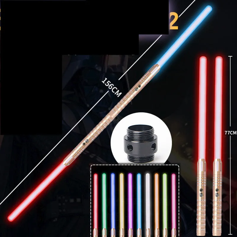 Two 2-in-1 RGB metal lightsabers connected with adapter showing ten-colour glow and metal hilt on blue background