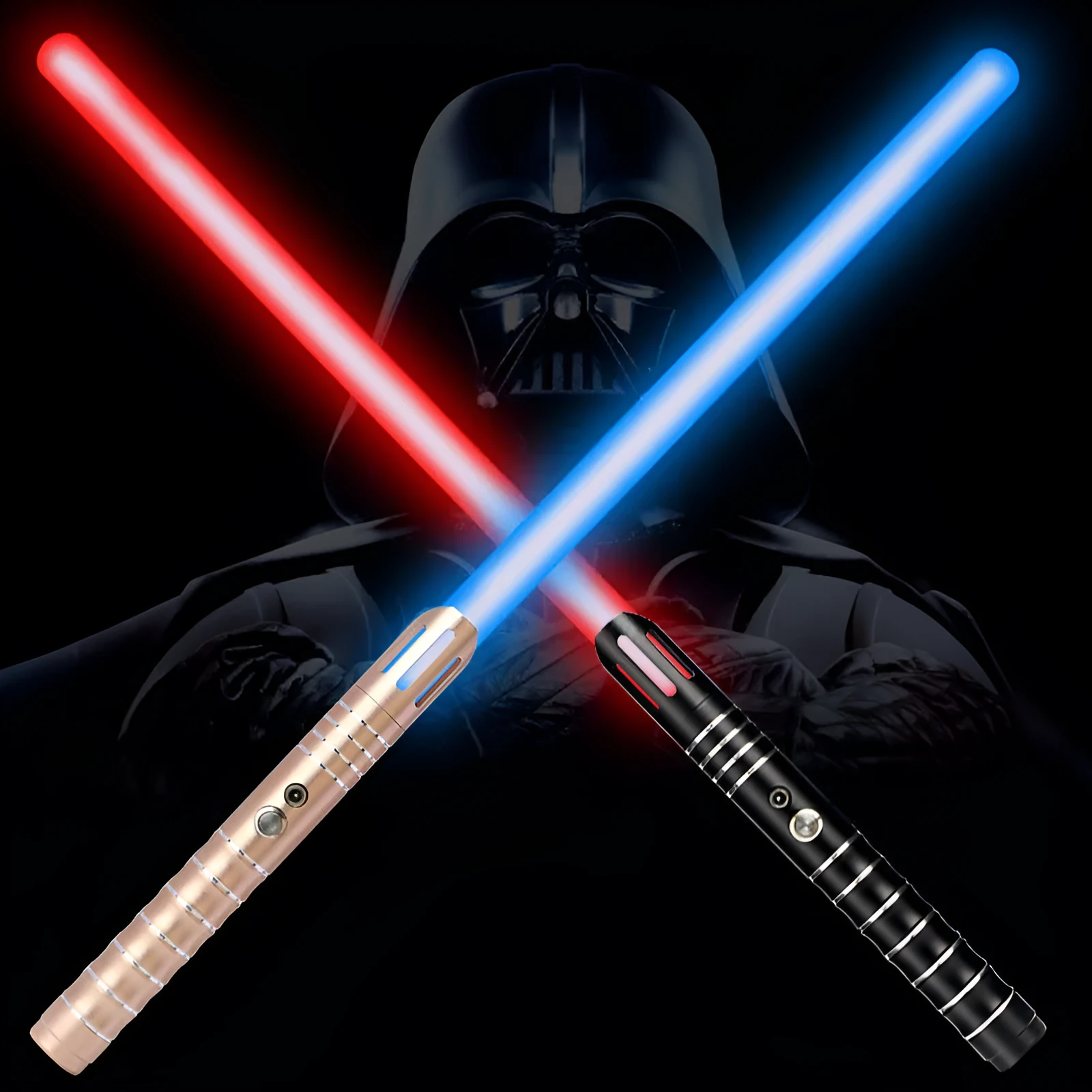 Two 2-in-1 RGB metal lightsabers connected with adapter showing ten-colour glow and metal hilt on blue background