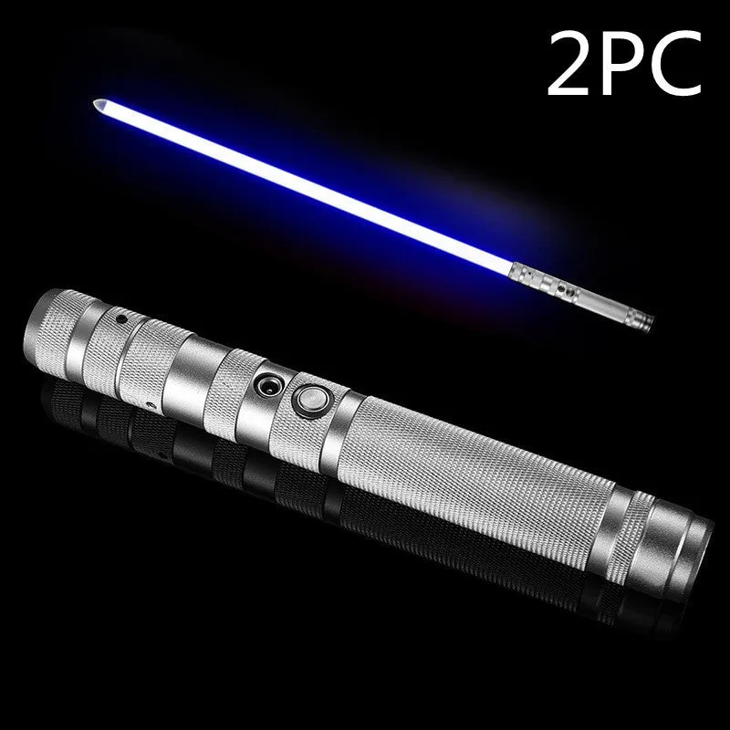 Two 2-in-1 RGB metal lightsabers connected with adapter showing ten-colour glow and metal hilt on blue background