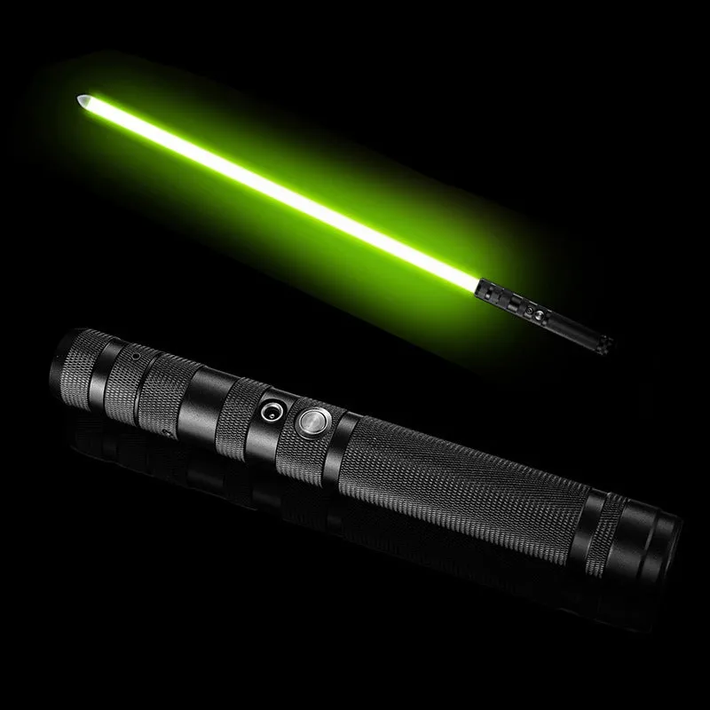 Two 2-in-1 RGB metal lightsabers connected with adapter showing ten-colour glow and metal hilt on blue background