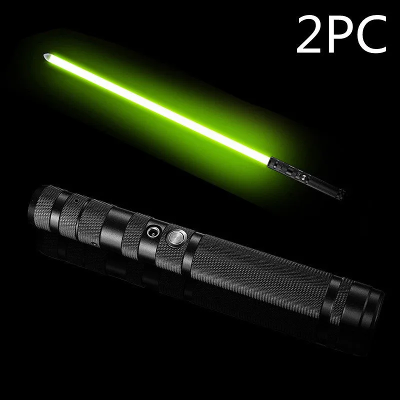 Two 2-in-1 RGB metal lightsabers connected with adapter showing ten-colour glow and metal hilt on blue background