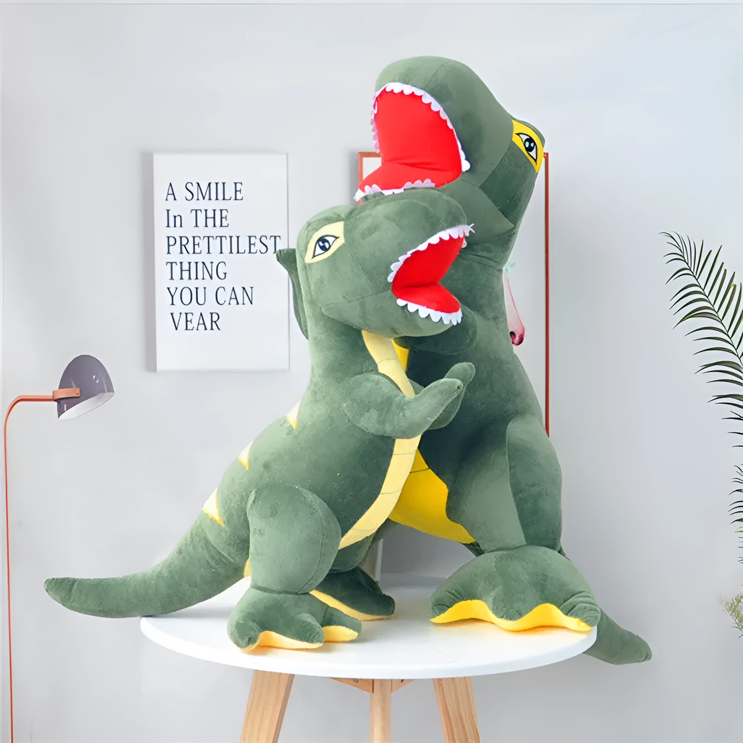 Green Tyrannosaurus dinosaur plush toy with reversible sequins and soft short plush material