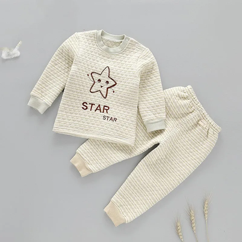 Infant warmer suit in natural coloured cotton with trousers style and cartoon stripe pattern