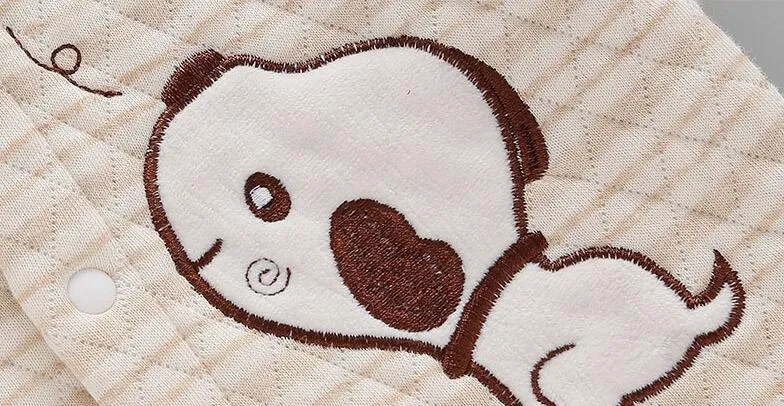 Infant warmer suit in natural coloured cotton with trousers style and cartoon stripe pattern
