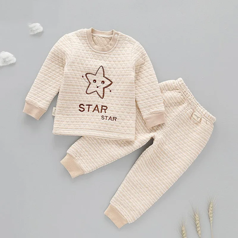 Infant warmer suit in natural coloured cotton with trousers style and cartoon stripe pattern