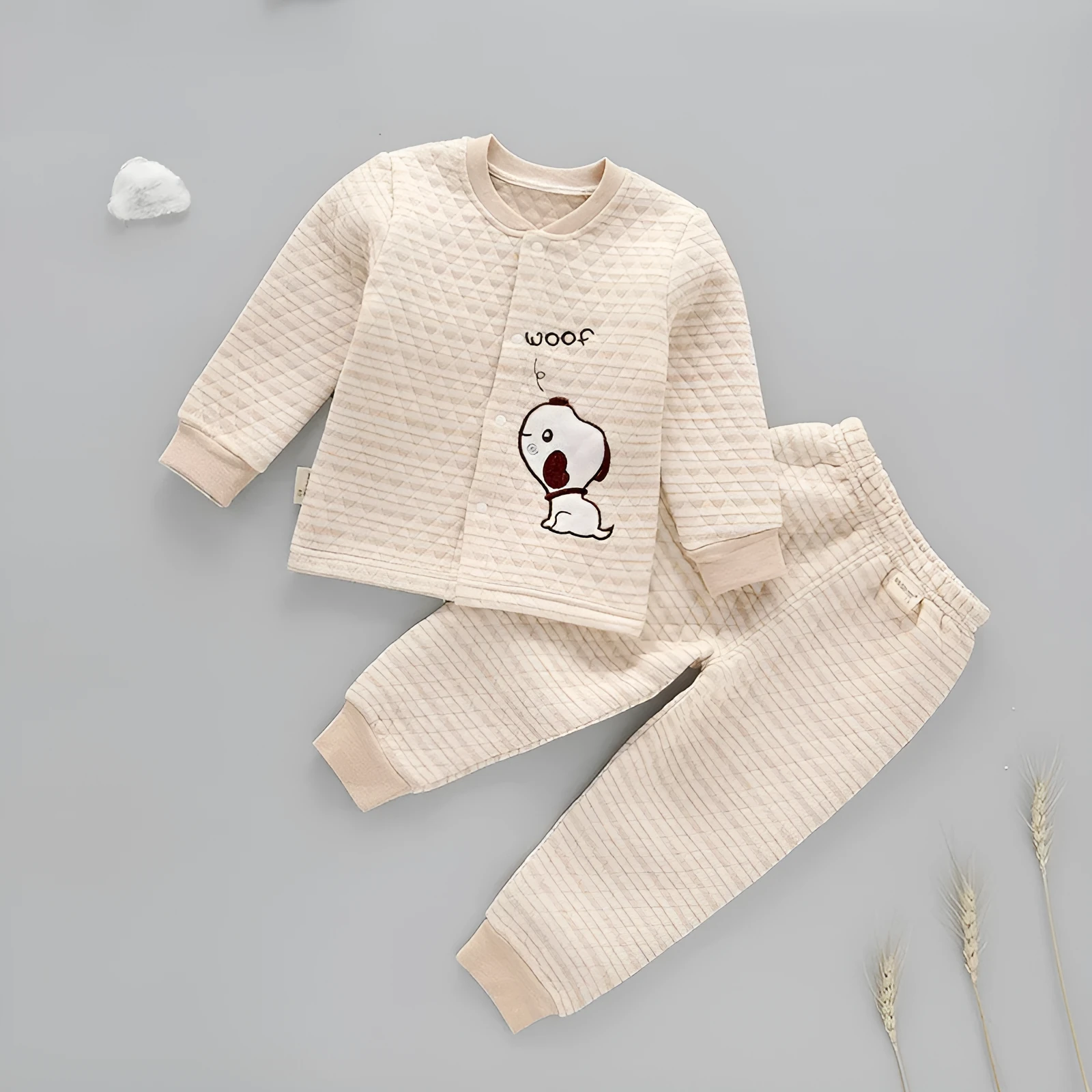 Infant warmer suit in natural coloured cotton with trousers style and cartoon stripe pattern
