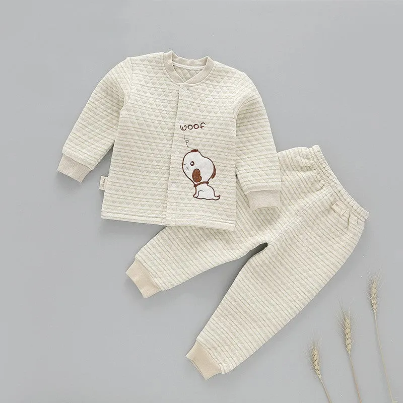 Infant warmer suit in natural coloured cotton with trousers style and cartoon stripe pattern
