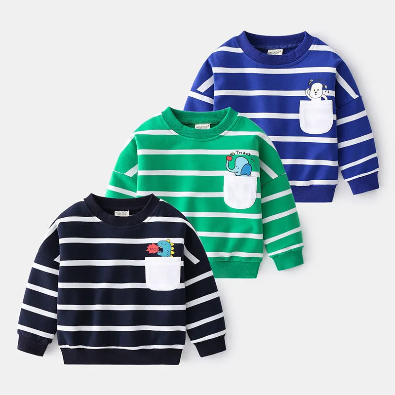 Spring boys striped cotton sweater loose round neck pullover in green and white with pocket