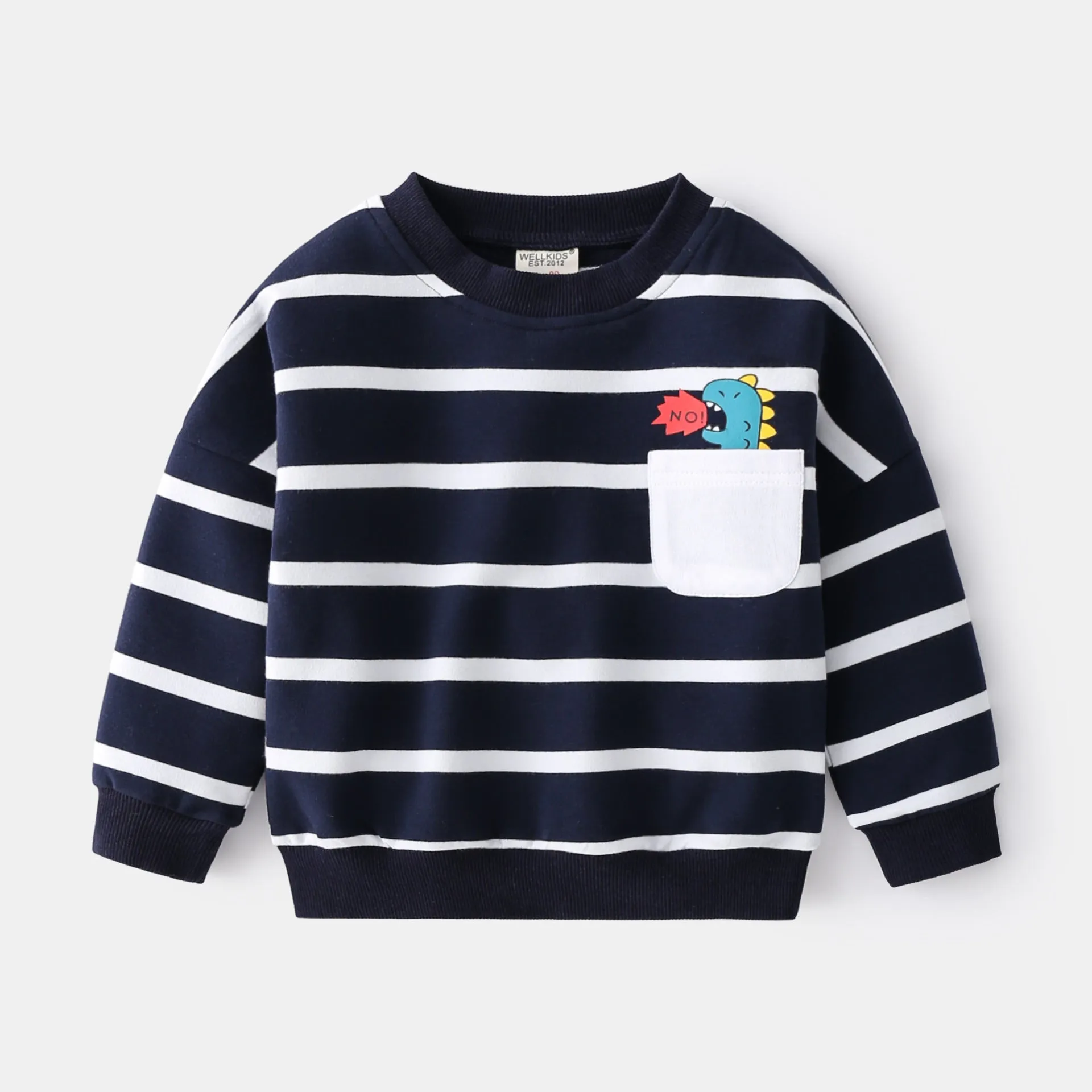 Spring boys striped cotton sweater loose round neck pullover in green and white with pocket