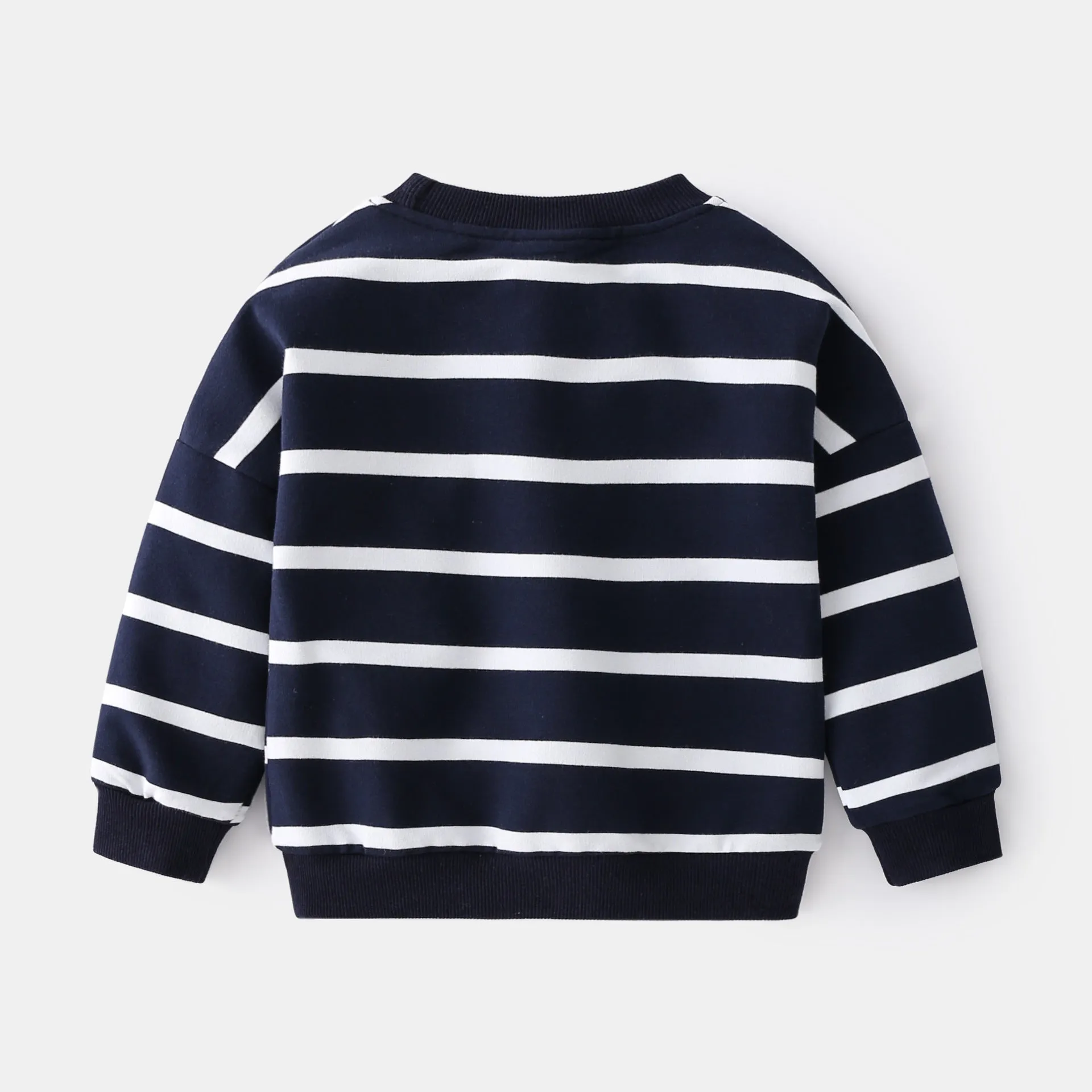 Spring boys striped cotton sweater loose round neck pullover in green and white with pocket
