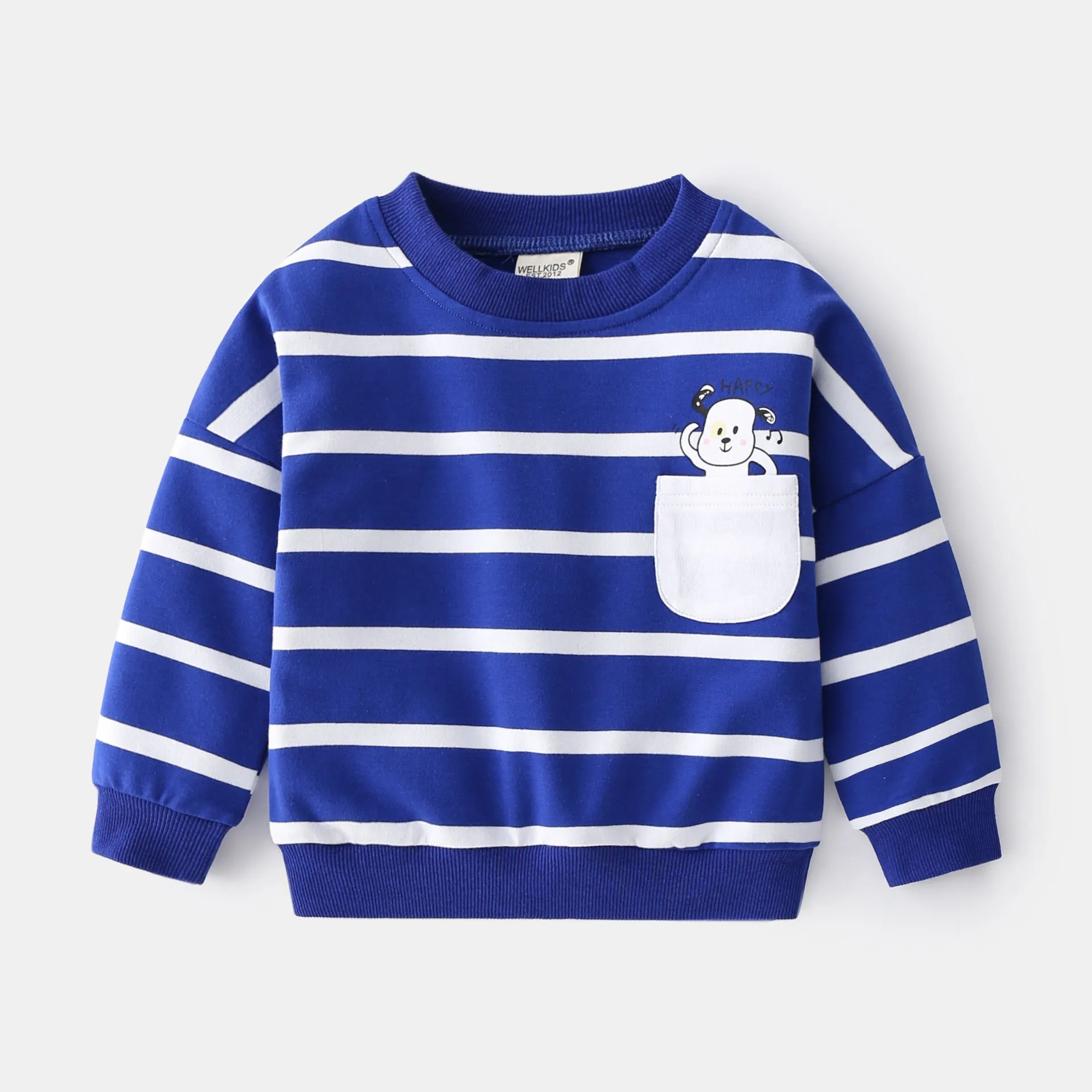 Spring boys striped cotton sweater loose round neck pullover in green and white with pocket