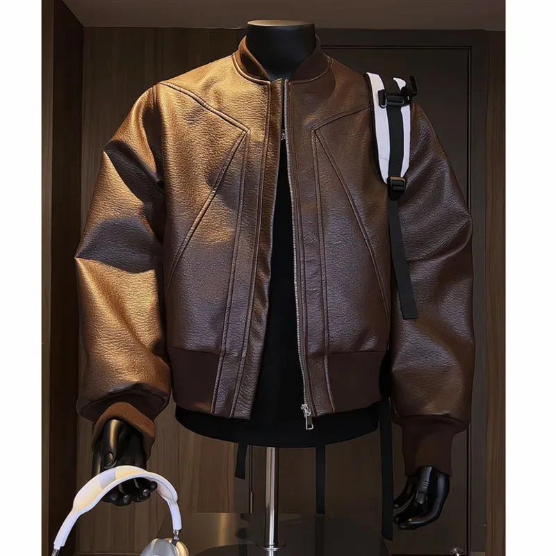 Men's black PU leather motorcycle-style jacket with an extended length and tight fit on a hanger.