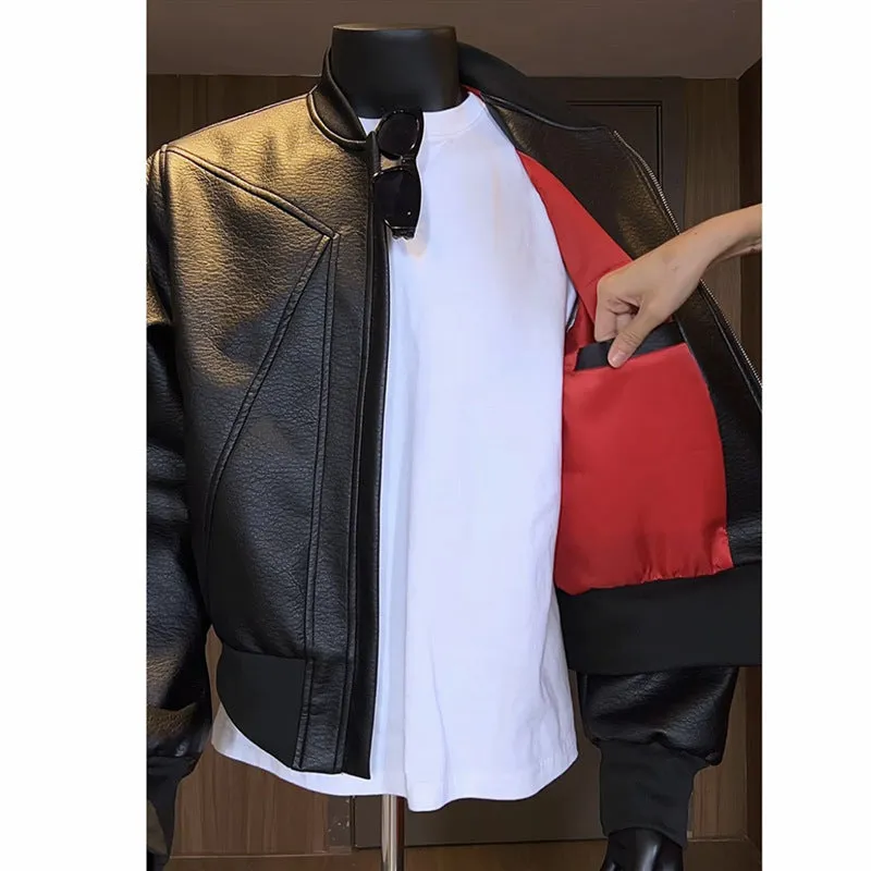 Men's black PU leather motorcycle-style jacket with an extended length and tight fit on a hanger.
