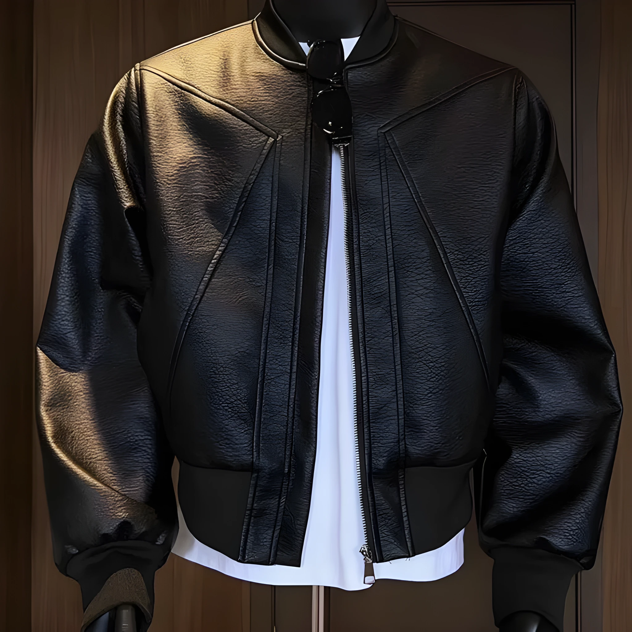 Men's black PU leather motorcycle-style jacket with an extended length and tight fit on a hanger.