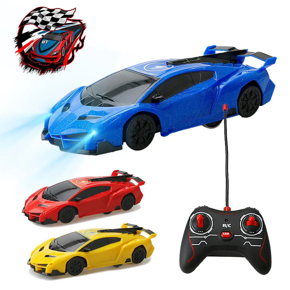 Remote control wall climbing car in red with industrial fan vents and white adsorbent strip on bottom, 1/28 scale
