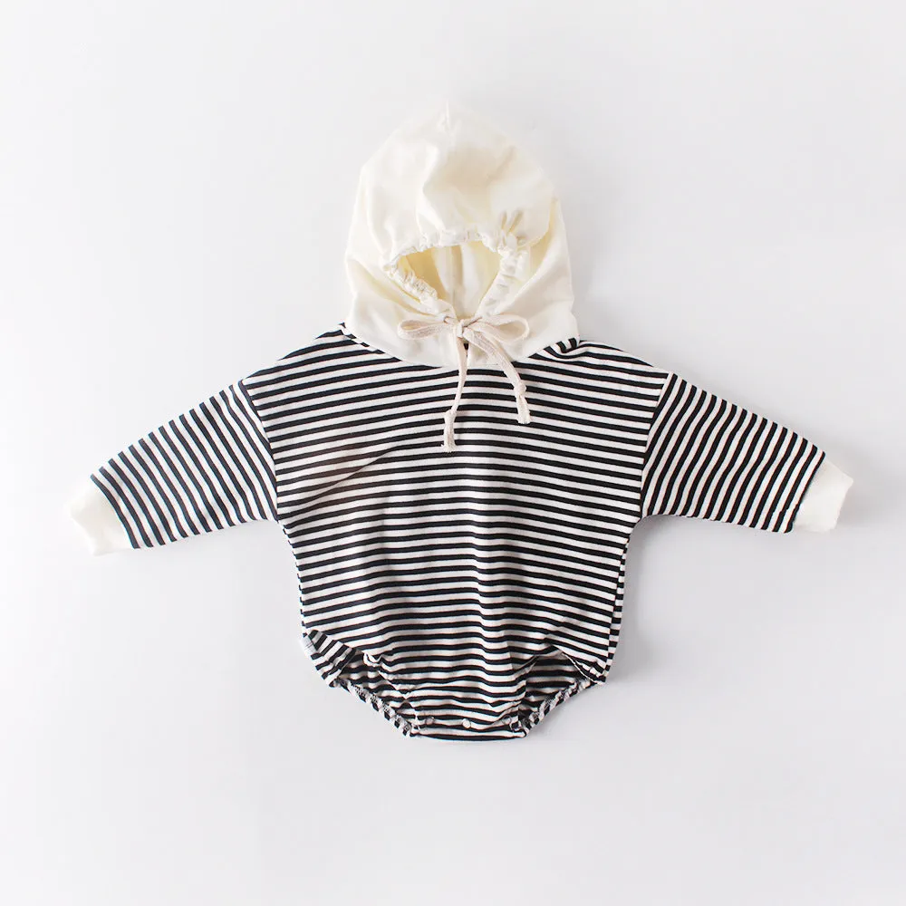 Baby striped hooded climbing suit in black stripe, 100% cotton, autumn wear, long sleeves, pullover style, size 66cm to 90cm