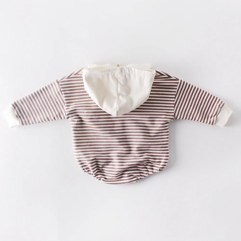 Baby striped hooded climbing suit in black stripe, 100% cotton, autumn wear, long sleeves, pullover style, size 66cm to 90cm