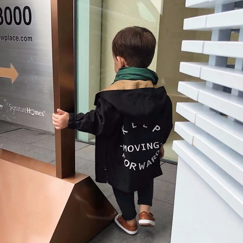 Boys cotton blend reversible spring coat with hood, stand collar, and long sleeves in Photo Color