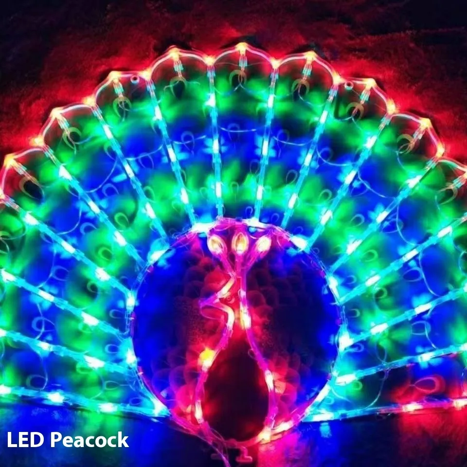 Christmas outdoor string lights with decorative shaped bulbs including peacock, heart, sunflower and star designs