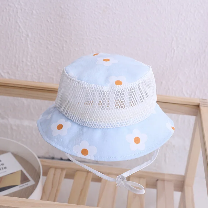 Floral baby bucket hat in blue with mesh fabric, side view showing brim and weft-knitted texture