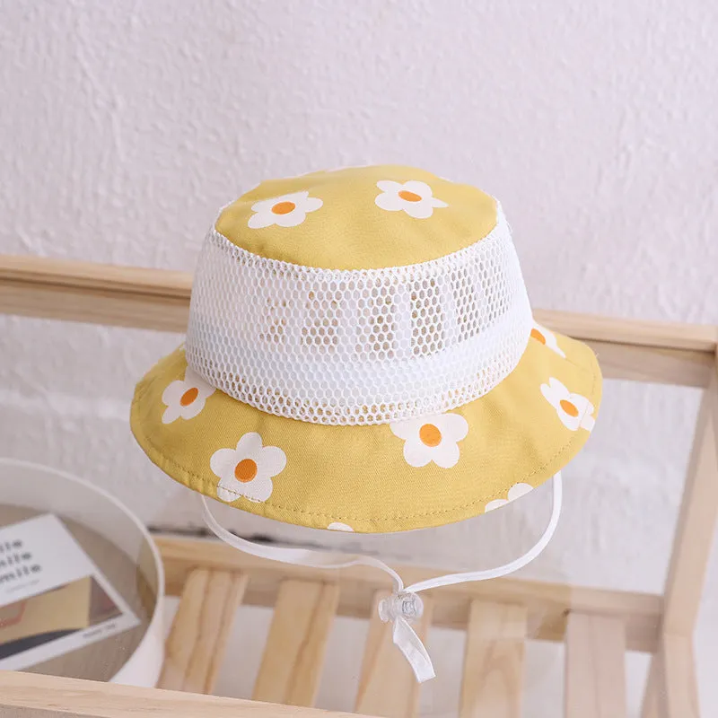 Floral baby bucket hat in blue with mesh fabric, side view showing brim and weft-knitted texture
