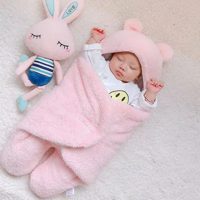 Baby newborn thickened out wrap swaddle sleeping bag in blue lamb wool, suitable for winter, size 0-3 months.