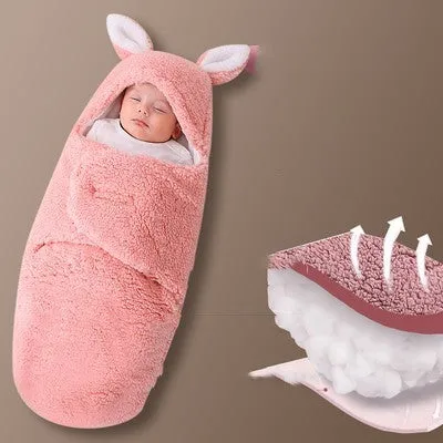 Baby newborn thickened out wrap swaddle sleeping bag in blue lamb wool, suitable for winter, size 0-3 months.