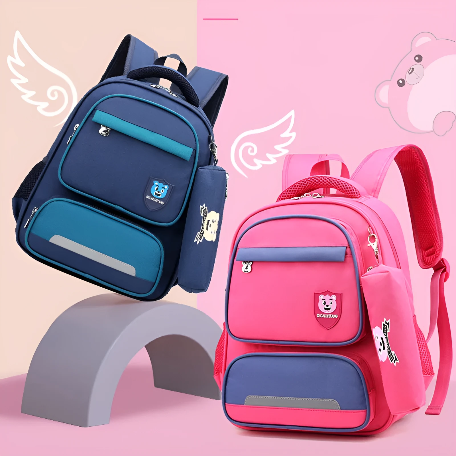 Korean style lightweight primary school backpack in blue made from Oxford cloth with zipper closure