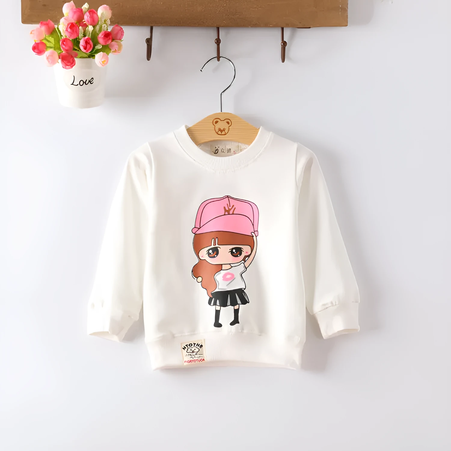 Baby girl cotton sweater with cartoon pattern, long sleeve pullover, 80% cotton, soft-treatment finish