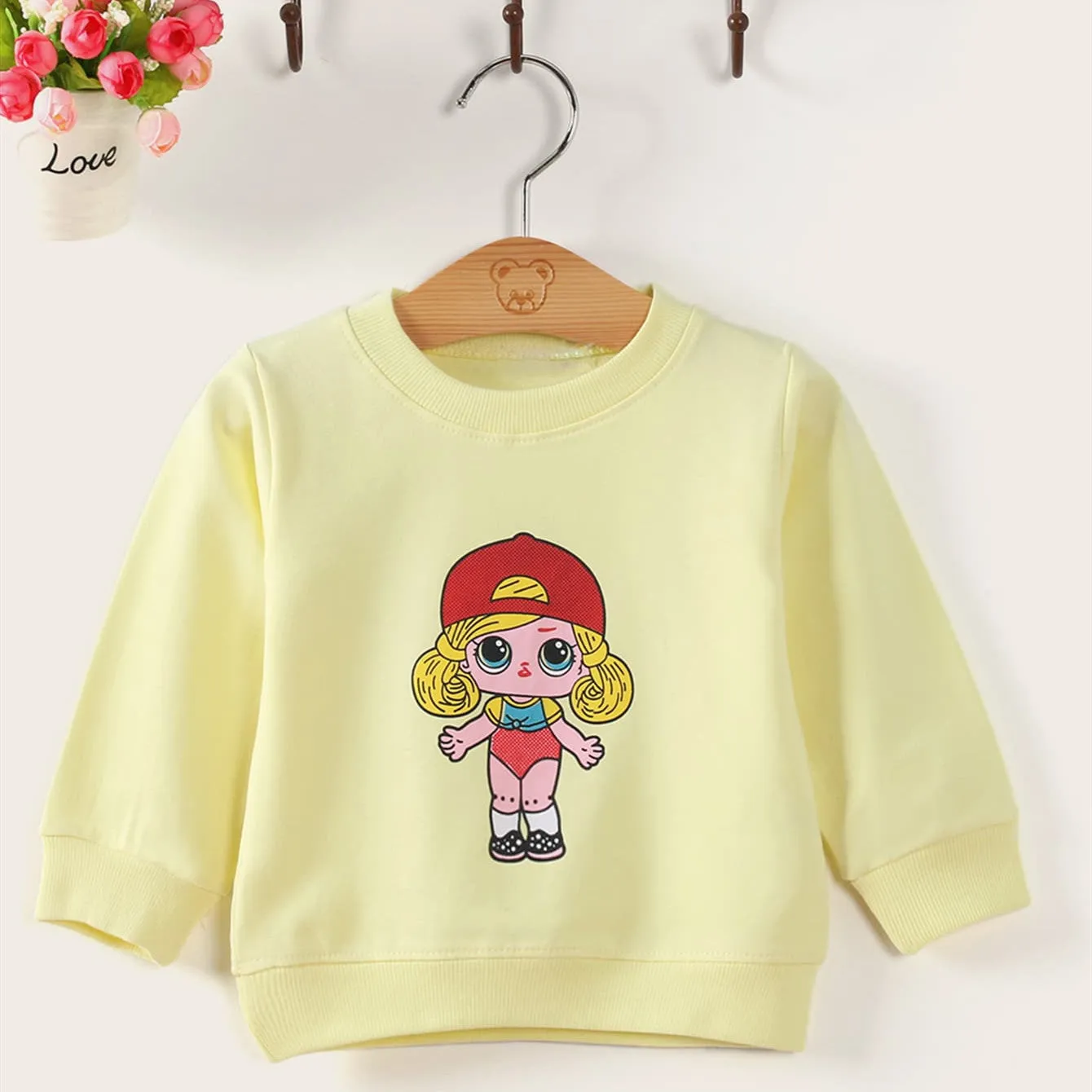 Baby girl cotton sweater with cartoon pattern, long sleeve pullover, 80% cotton, soft-treatment finish