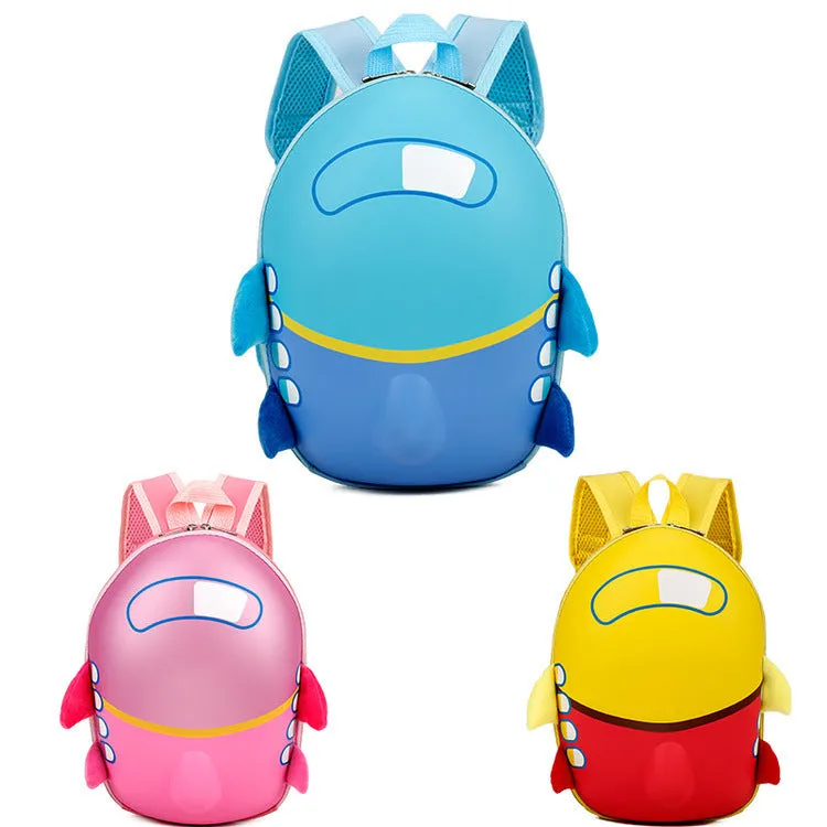 Children's cartoon small aircraft hard shell waterproof double shoulder backpack in blue pink yellow