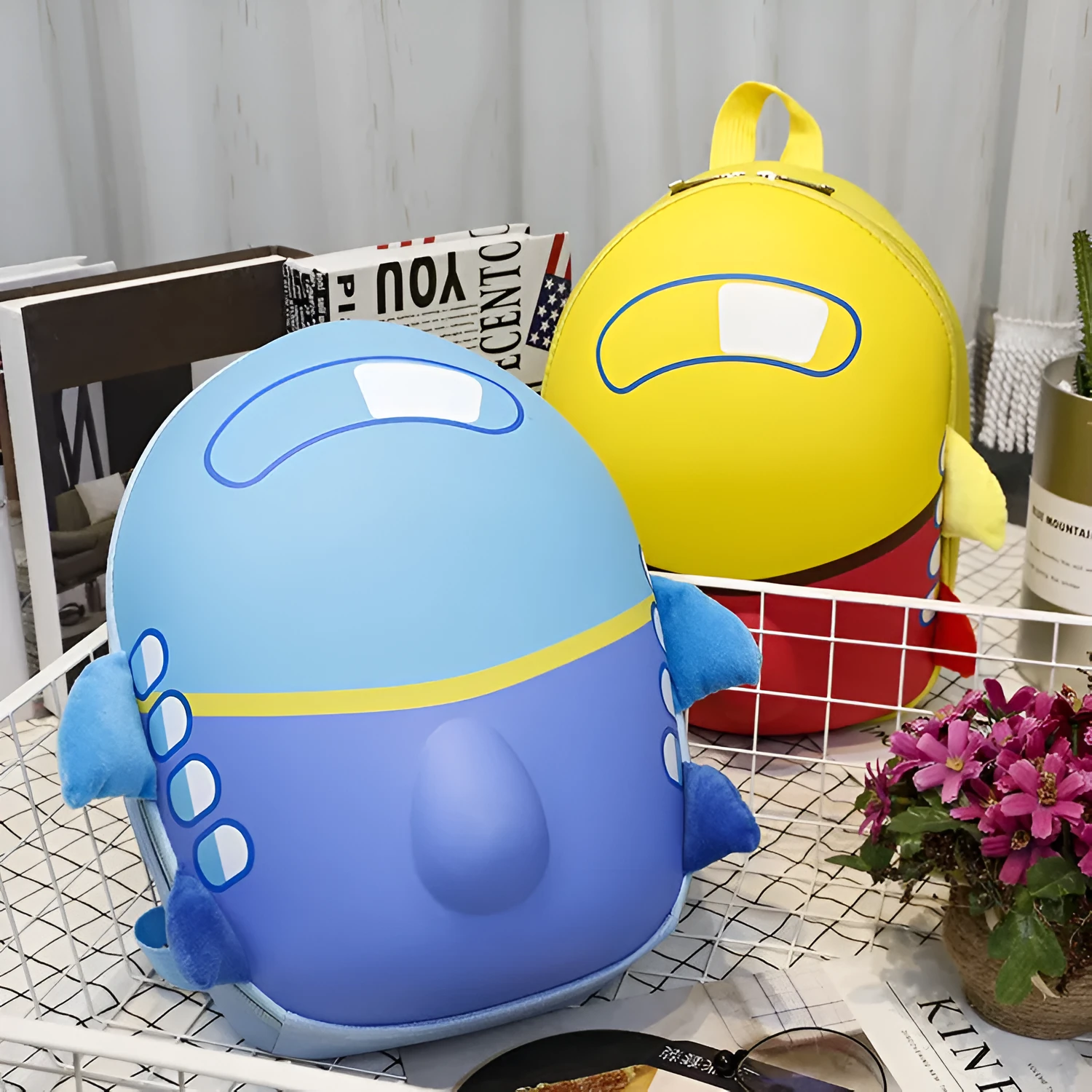 Children's cartoon small aircraft hard shell waterproof double shoulder backpack in blue pink yellow